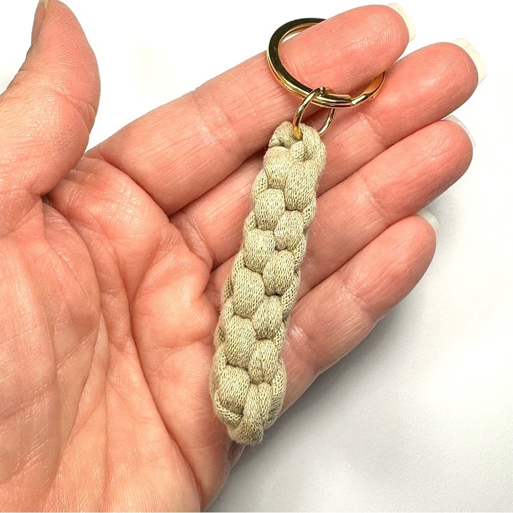 Tan Box Knot Keychain Gold Ring Braided T-Shirt Yarn Macrame Nautical Lanyard